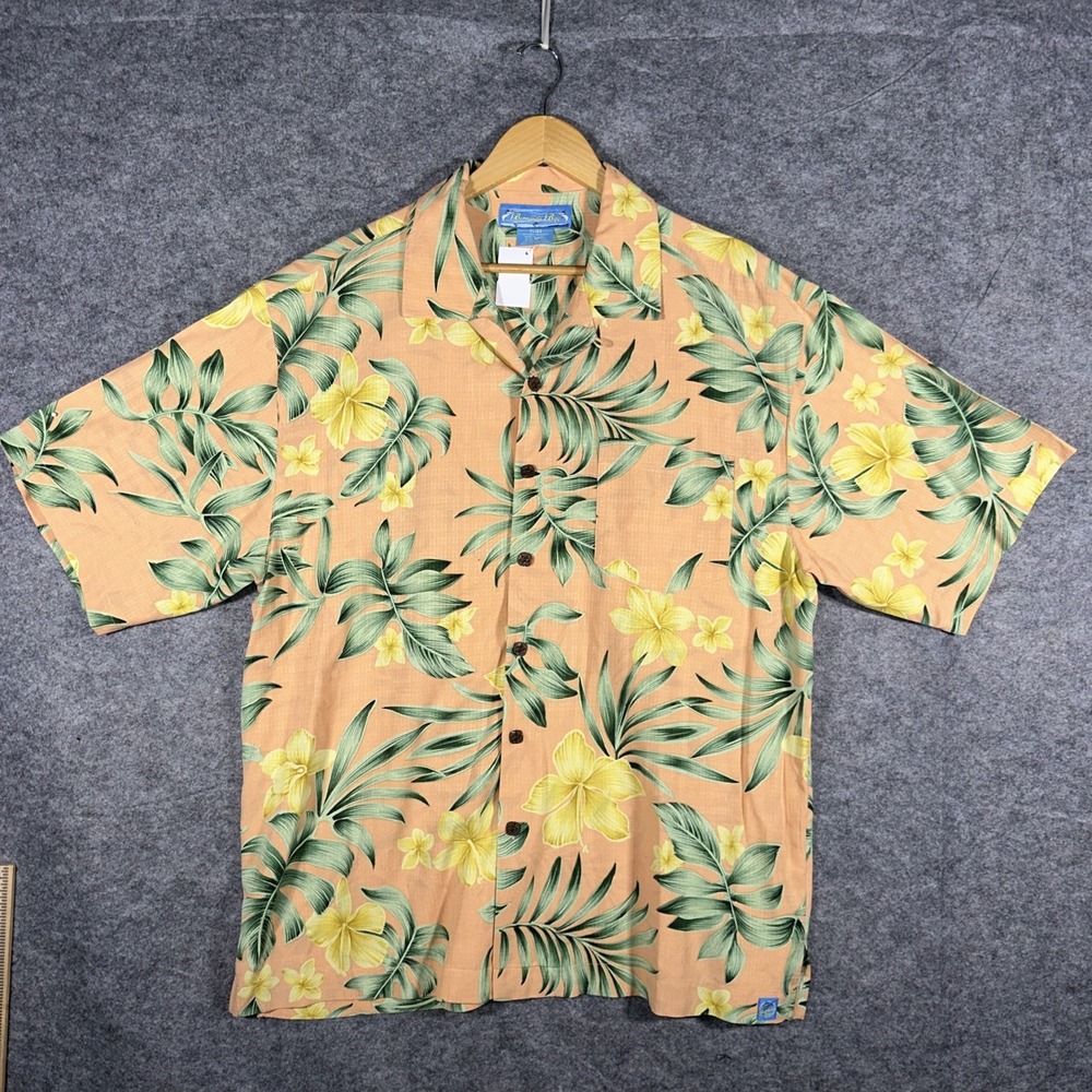 Bermuda Bay Men's 100% Silk Hawaiian Shirt Size XL Peach Floral‎ Button Up